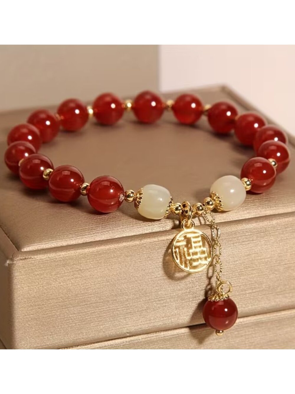 Good Fortune Bracelet Natural Red Agate Beads w/Golden Blessing Fortune Charm